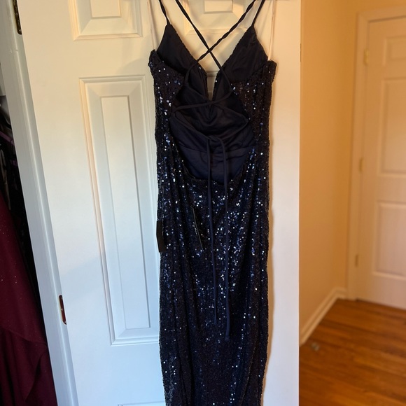 Sparkling Starlet Navy Blue Sequin Lace-Up Midi Dress - Picture 10 of 10
